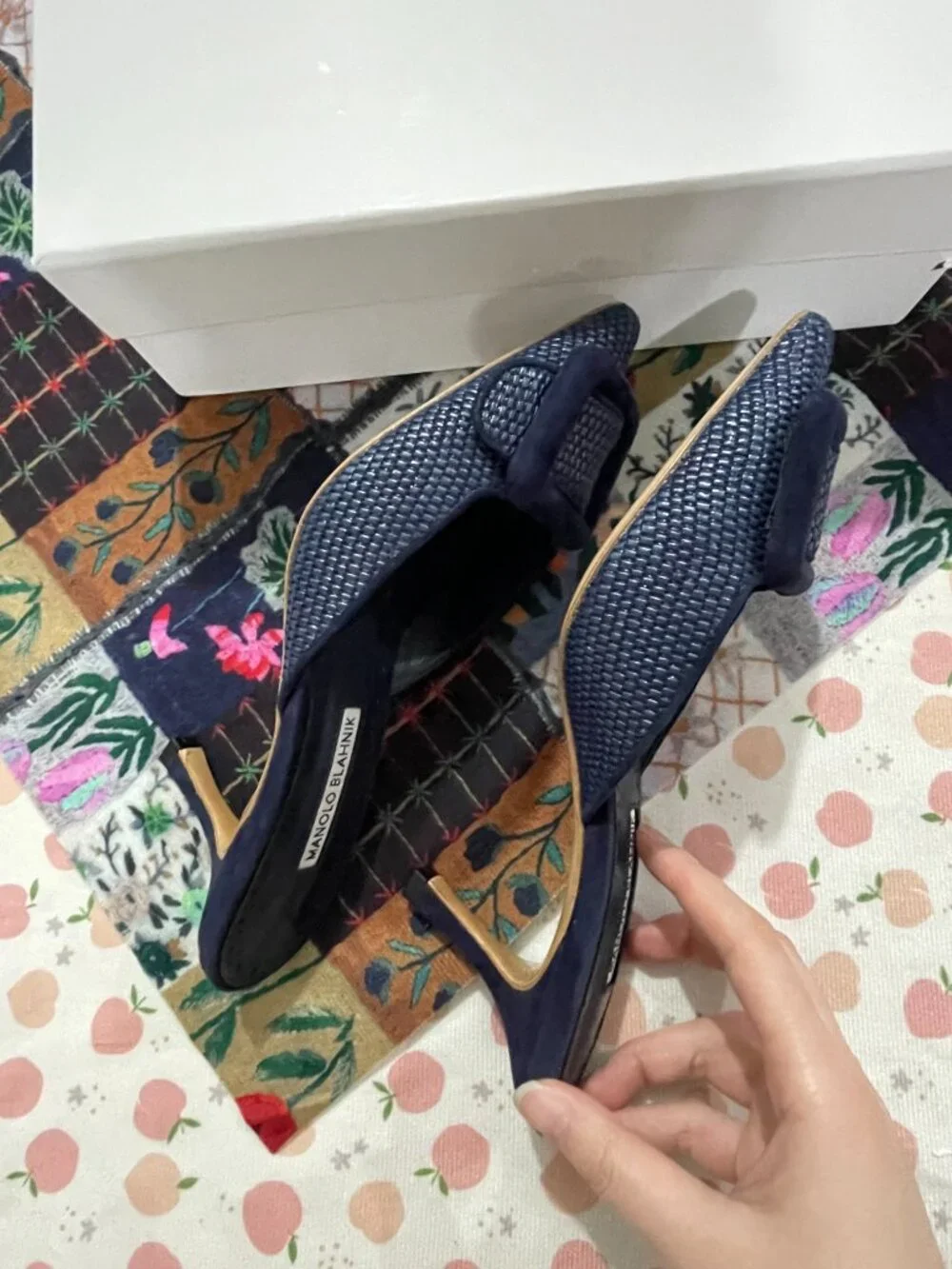 Manolo Blahnik Navy Woven Square-Buckle Mule Heels
